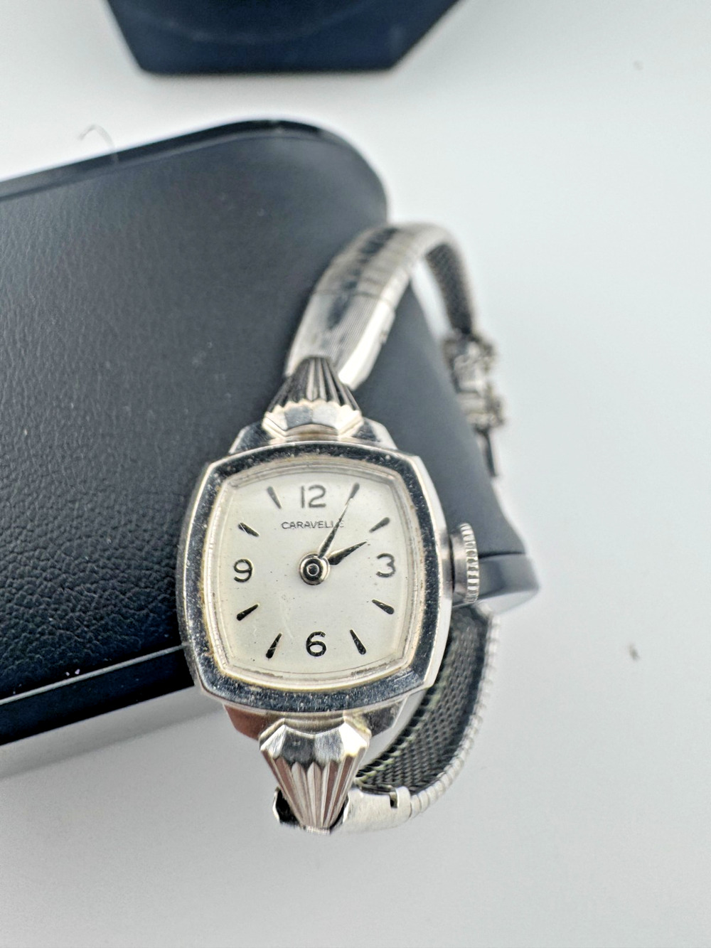 Vintage Caravelle by Bulova Ladies Watch Art Deco Case Mesh Band Running